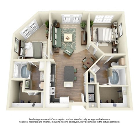 Floor plan for 2 beds, 2 baths, 895 sqft
